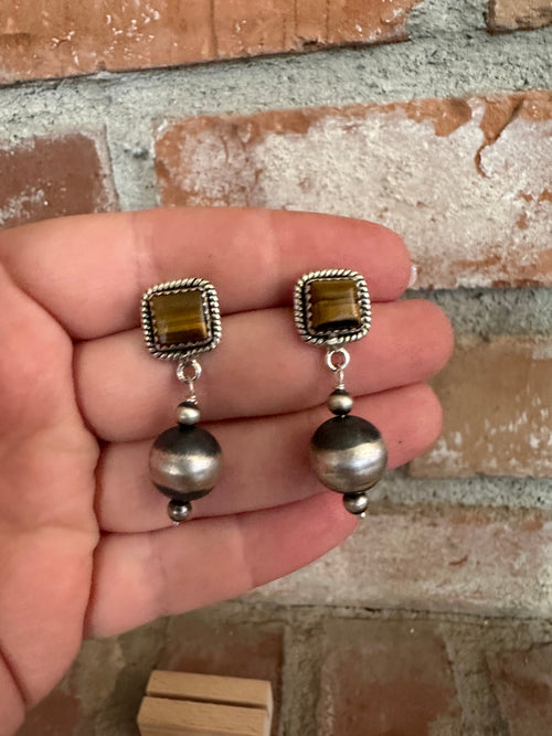 Nizhoni’s Handmade Sterling Silver Tigers Eye Navajo Pearl Style Dangle Earrings