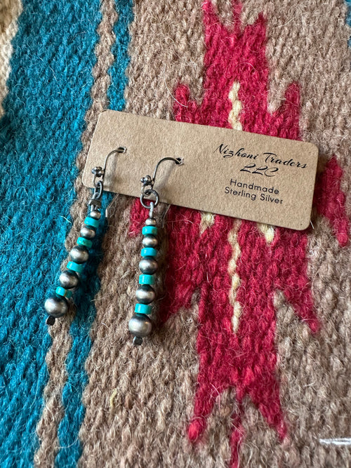 Nizhoni’s Handmade Sterling Silver & Turquoise Navajo Pearl Style Dangle Earrings 2”