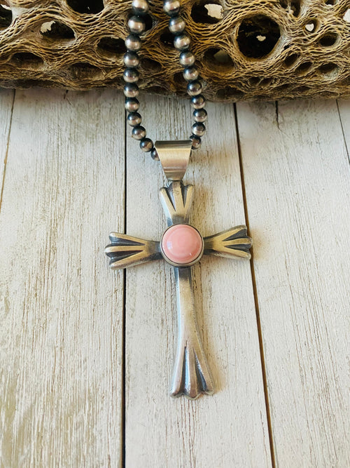 Navajo Queen Pink Conch Shell & Sterling Silver Cross Pendant By Chimney Butte