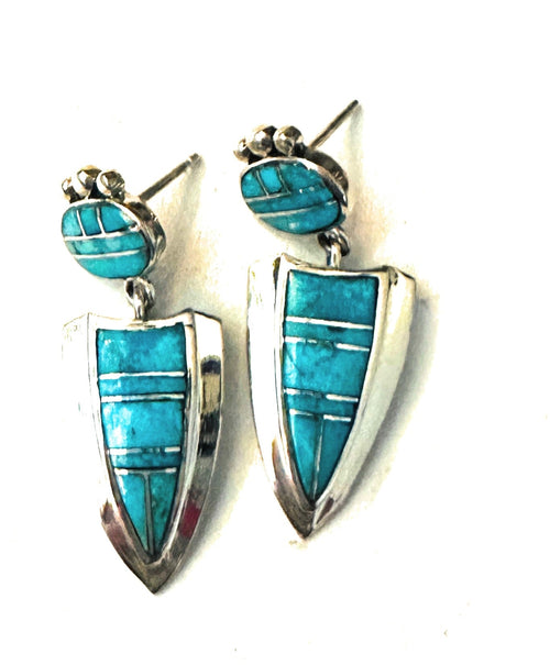 Vintage Old Pawn Navajo Sterling Silver & Turquoise Inlay Dangle Earrings