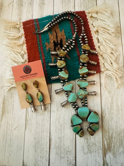 Navajo Sterling Silver & Royston Turquoise Squash Necklace Set Signed