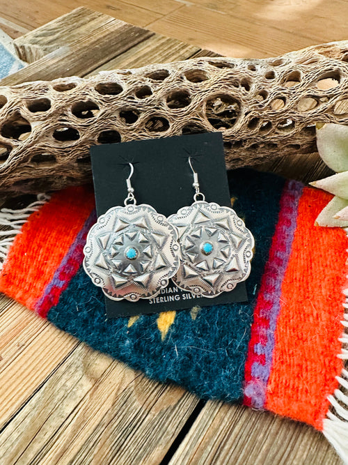 Navajo Sterling Silver & Turquoise Concho Dangle Earrings