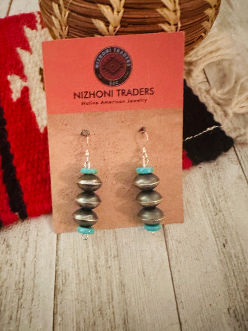 Navajo Turquoise & Sterling Silver Beaded Dangle Earrings