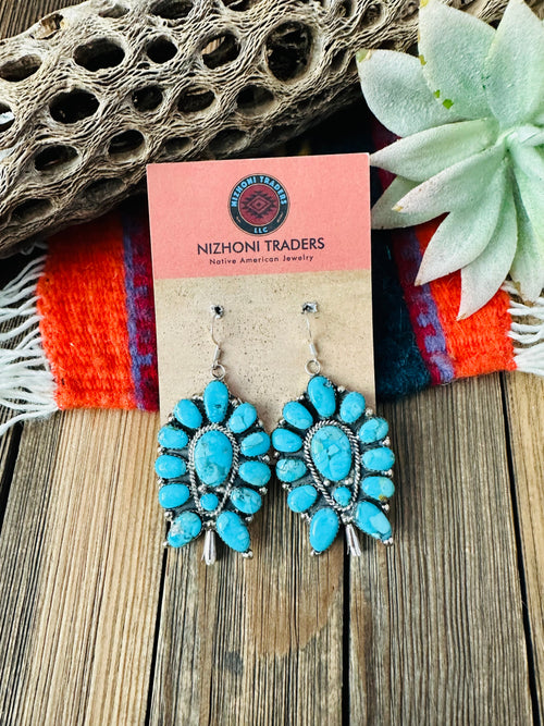 Navajo Sterling Silver & Turquoise Cluster Blossom Dangle Earrings