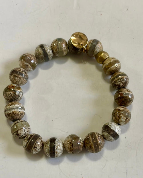 Handmade Beaded Stretch Tibetan Dzi Agate Bracelet Stripe Gray