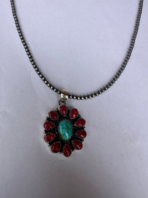 Handmade Sonoran Gold Turquoise, Red Fire Opal & Sterling Silver Pendant Signed Nizhoni