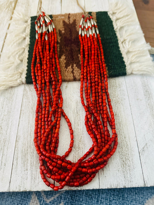 Vintage Old Pawn Navajo Coral & Sterling Silver 10-Strand Beaded Necklace