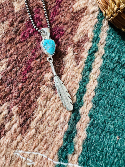 Navajo Sterling Silver & Turquoise Feather Pendant