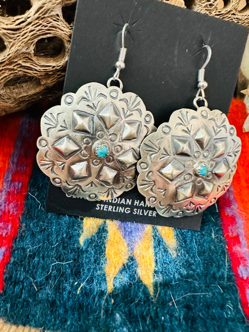 Navajo Sterling Silver & Turquoise Concho Dangle Earrings