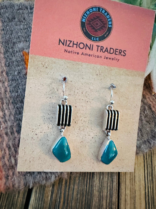 Navajo Sterling Silver & Carico Lake Turquoise Dangle Earrings