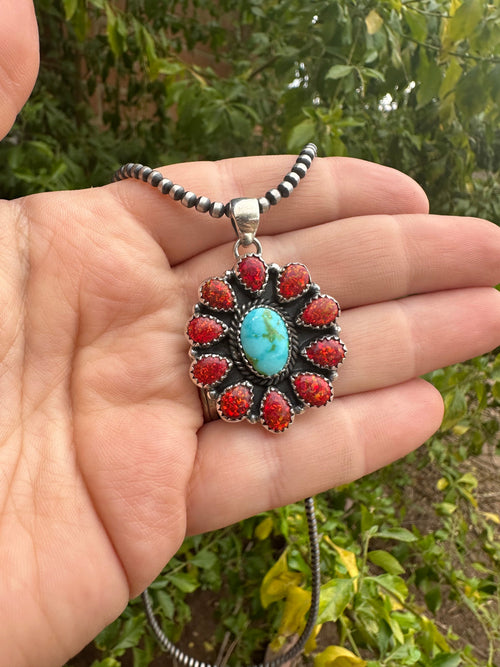 Handmade Sonoran Gold Turquoise, Red Fire Opal & Sterling Silver Pendant Signed Nizhoni