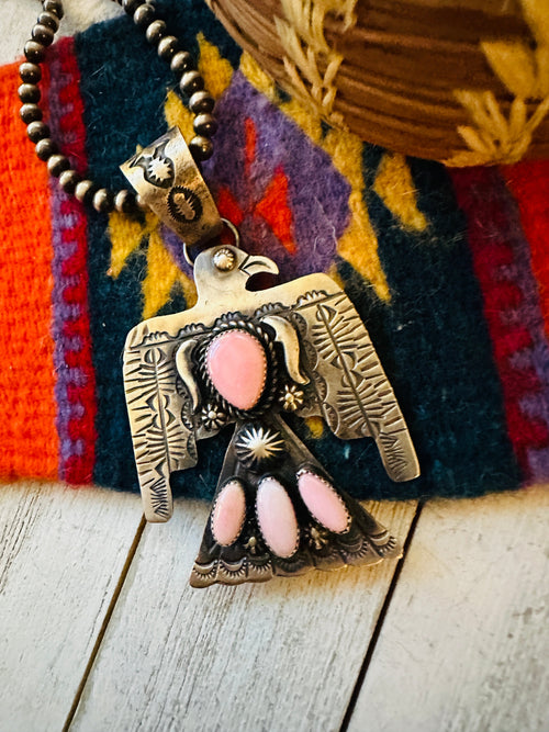 Navajo Queen Pink Conch & Sterling Silver Thunderbird Pendant