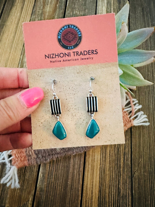 Navajo Sterling Silver & Carico Lake Turquoise Dangle Earrings