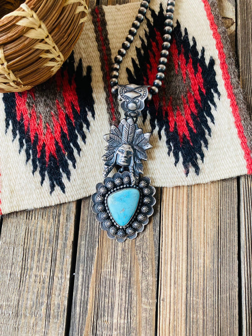 Navajo Sterling Kingman Turquoise & Sterling Silver Indian Chief Pendant