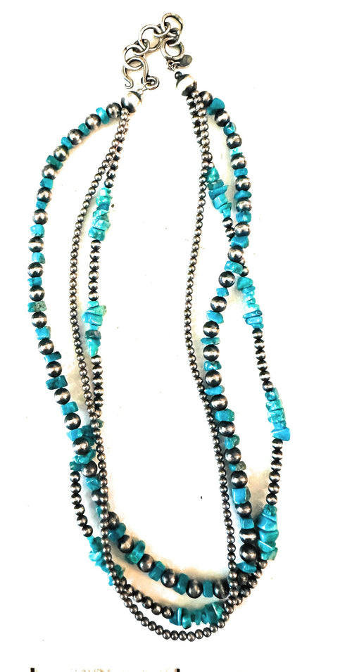 Navajo Sterling Silver Pearl & Turquoise Beaded Triple Strand Necklace