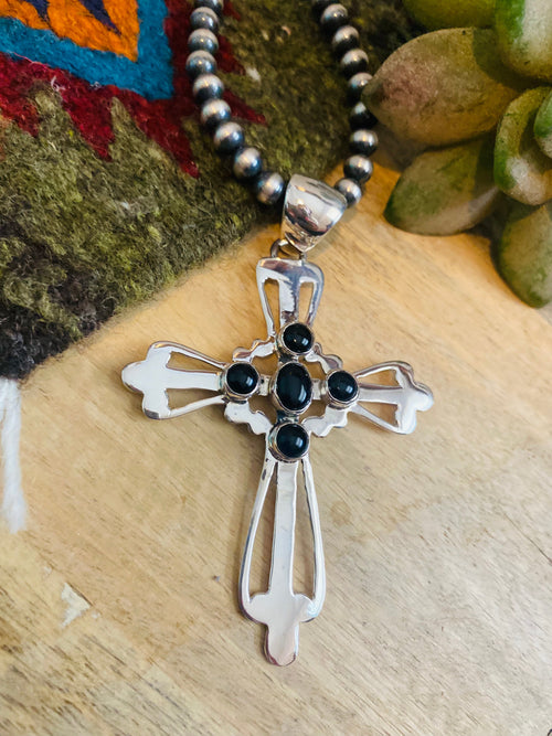 Navajo Onyx & Sterling Silver Cross Pendant Signed