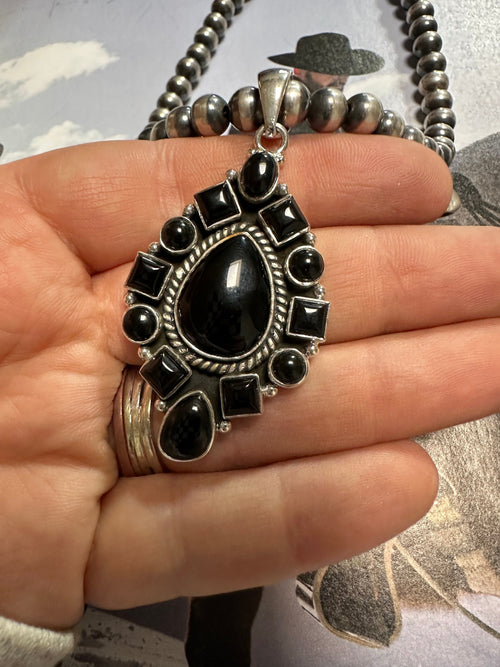 Handmade Onyx & Sterling Silver Pendant Signed Nizhoni