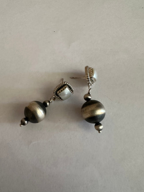 Nizhoni’s Handmade Sterling Silver Mother of Pearl Navajo Pearl Style Dangle Earrings