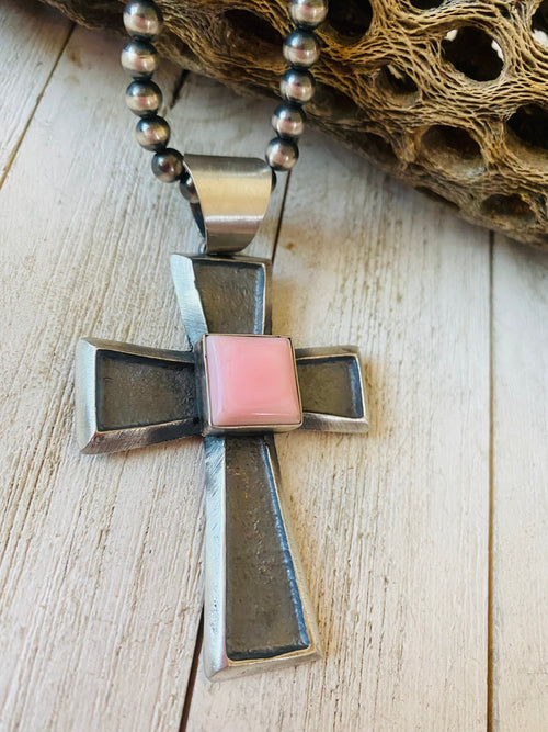 Navajo Queen Pink Conch Shell & Sterling Silver Cross Pendant By Chimney Butte