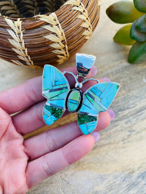 Beautiful Navajo Handmade Multi Turquoise and Sterling Silver Inlay Butterfly Pendant