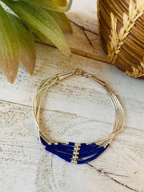 Navajo Lapis & Sterling Liquid Silver Beaded Bracelet