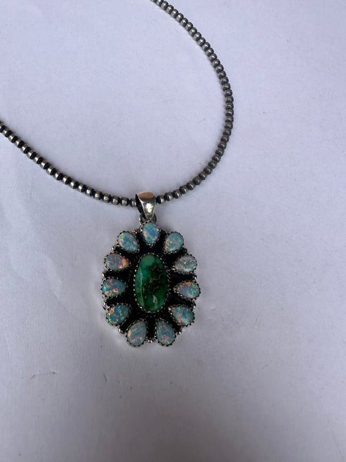 Handmade Sonoran Gold Turquoise, Light Blue Fire Opal & Sterling Silver Pendant Signed Nizhoni