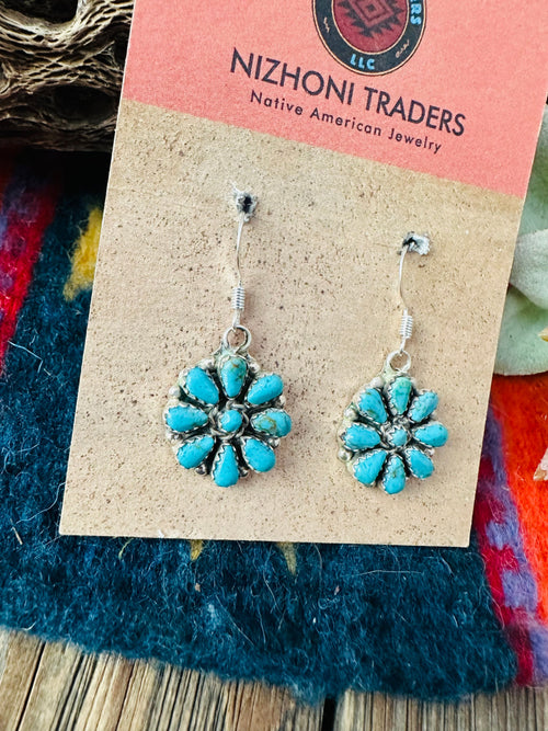 Navajo Sterling Silver & Turquoise Cluster Dangle Earrings