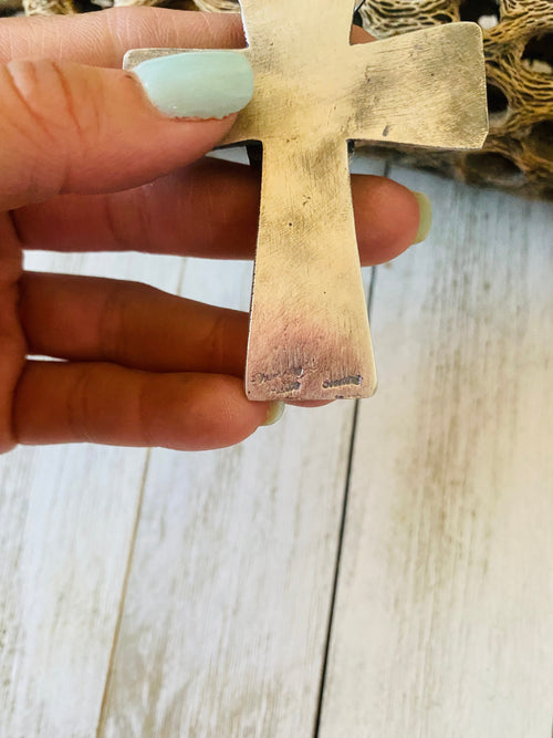 Navajo Queen Pink Conch Shell & Sterling Silver Cross Pendant By Chimney Butte