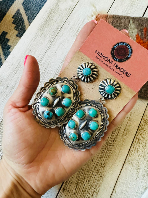 Navajo Sterling Silver & Turquoise Concho Dangle Earrings