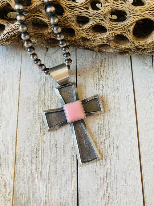 Navajo Queen Pink Conch Shell & Sterling Silver Cross Pendant By Chimney Butte