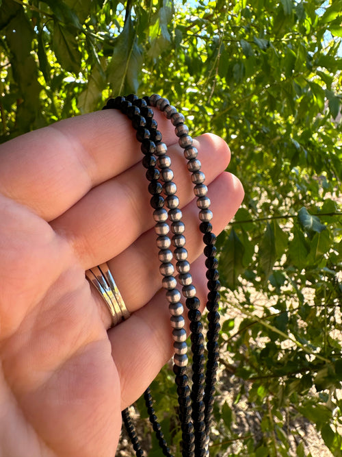 Navajo Pearl Sterling Silver & Black Onyx Beaded Necklace