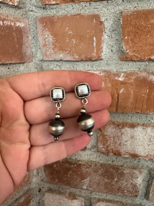 Nizhoni’s Handmade Sterling Silver Mother of Pearl Navajo Pearl Style Dangle Earrings