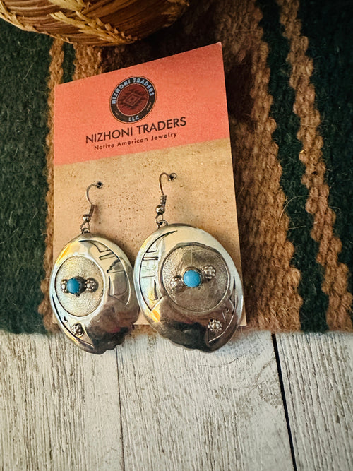 Vintage Old Pawn Navajo Hand Stamped Sterling Silver & Turquoise Dangle Earrings