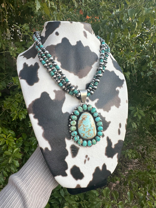 Beautiful Navajo Sterling Silver Beaded Turquoise Necklace With Pendant Signed Ella Peter