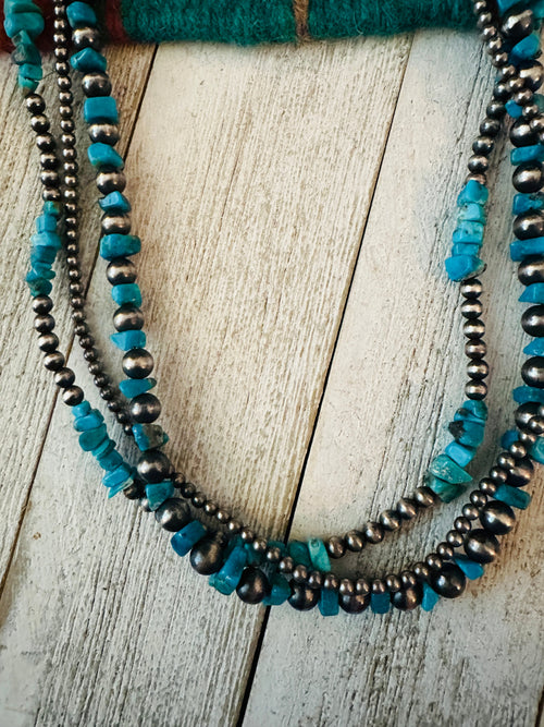 Navajo Sterling Silver Pearl & Turquoise Beaded Triple Strand Necklace