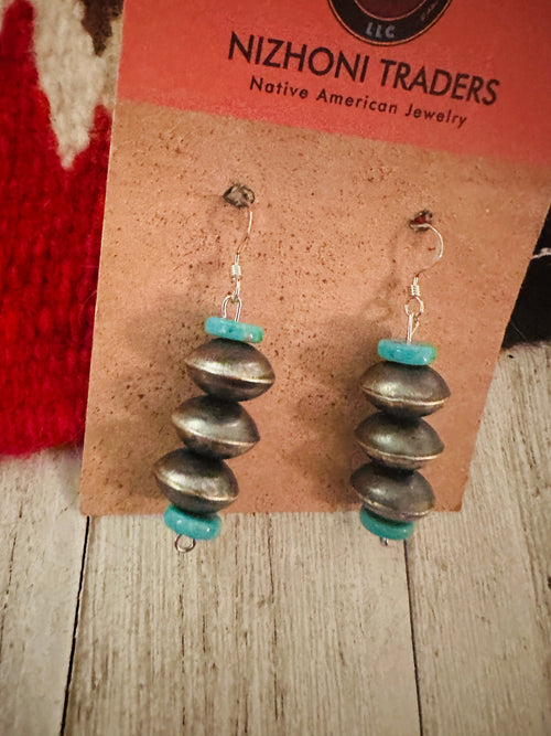 Navajo Turquoise & Sterling Silver Beaded Dangle Earrings