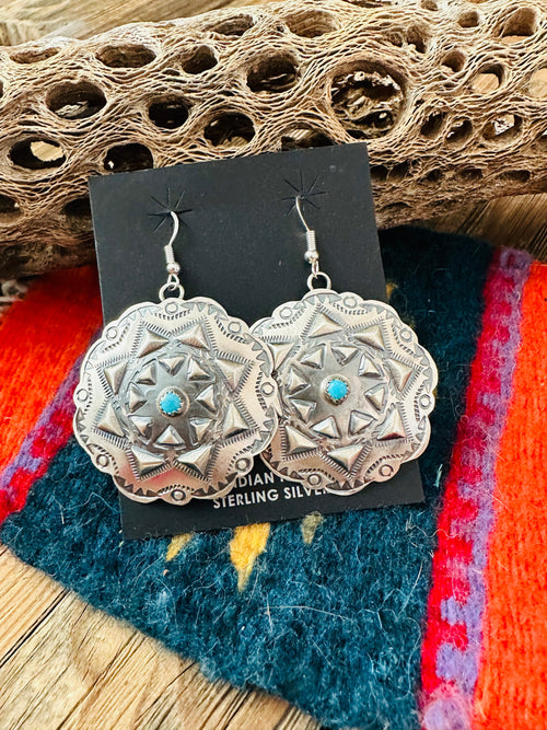 Navajo Sterling Silver & Turquoise Concho Dangle Earrings