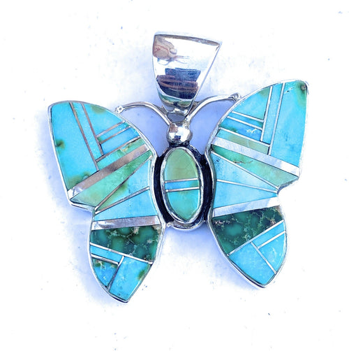 Beautiful Navajo Handmade Multi Turquoise and Sterling Silver Inlay Butterfly Pendant