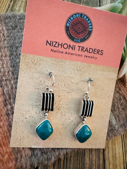 Navajo Sterling Silver & Carico Lake Turquoise Dangle Earrings