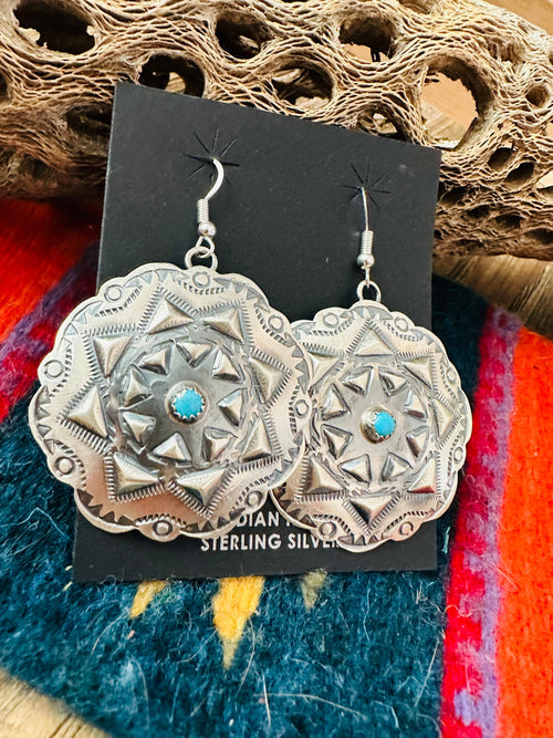 Navajo Sterling Silver & Turquoise Concho Dangle Earrings