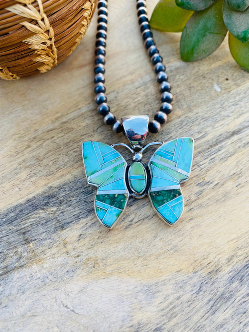 Beautiful Navajo Handmade Multi Turquoise and Sterling Silver Inlay Butterfly Pendant