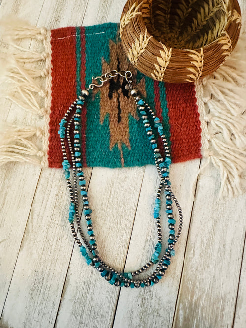 Navajo Sterling Silver Pearl & Turquoise Beaded Triple Strand Necklace