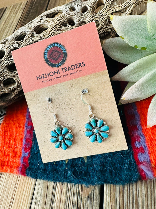 Navajo Sterling Silver & Turquoise Cluster Dangle Earrings