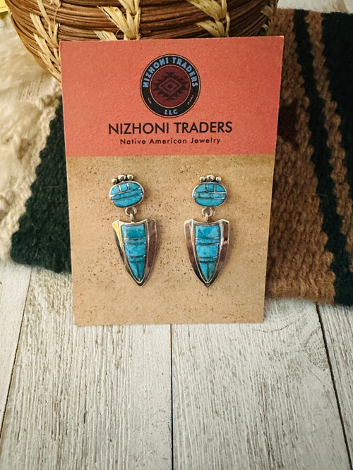 Vintage Old Pawn Navajo Sterling Silver & Turquoise Inlay Dangle Earrings