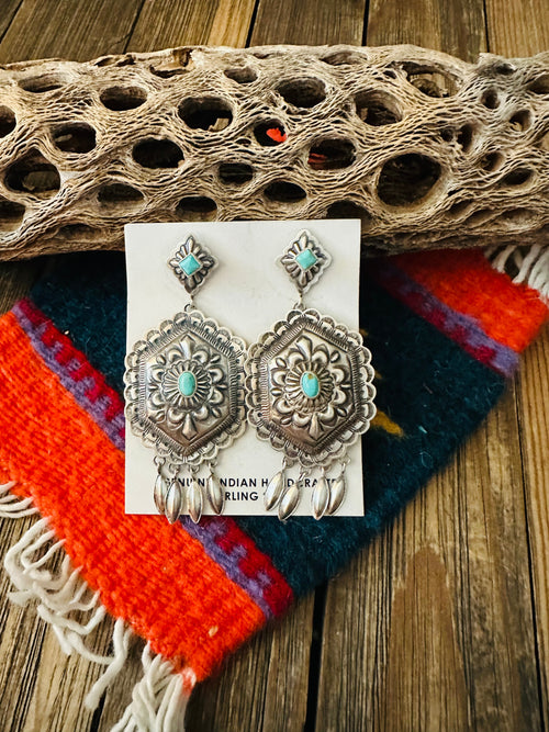 Navajo Sterling Silver & Turquoise Concho Dangle Earrings