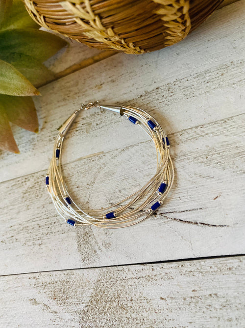 Navajo Lapis & Sterling Liquid Silver Beaded Bracelet