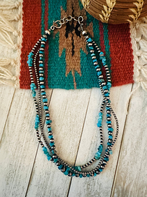 Navajo Sterling Silver Pearl & Turquoise Beaded Triple Strand Necklace