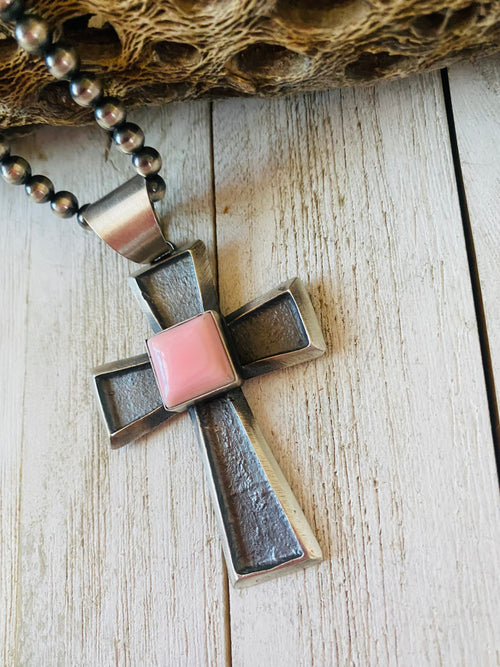 Navajo Queen Pink Conch Shell & Sterling Silver Cross Pendant By Chimney Butte