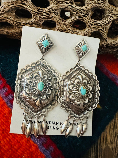 Navajo Sterling Silver & Turquoise Concho Dangle Earrings