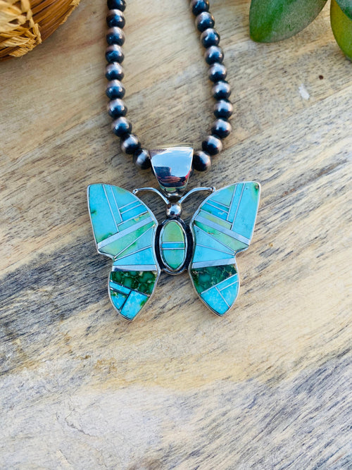 Beautiful Navajo Handmade Multi Turquoise and Sterling Silver Inlay Butterfly Pendant